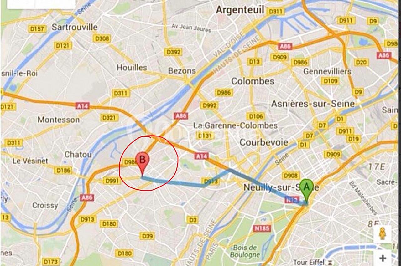 Carte montrant un itinéraire entre Neuilly-sur-Seine (point A) et un lieu marqué B, avec routes et noms de villes…