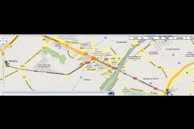 Carte montrant un itinéraire entre Nanterre et Neuilly-sur-Seine avec des routes principales et des points de repère.