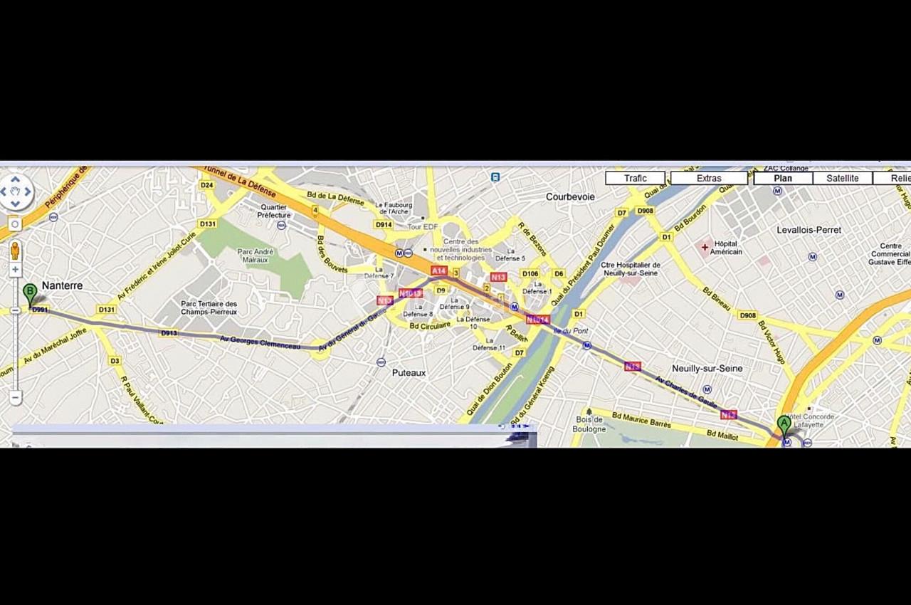 Carte montrant un itinéraire entre Nanterre et Neuilly-sur-Seine avec des routes principales et des points de repère.