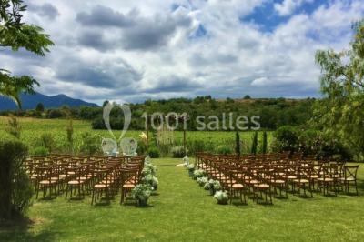 Un artiste chante sur scène avec une personne en costume étincelant sous des lumières violettes, devant un public assis.