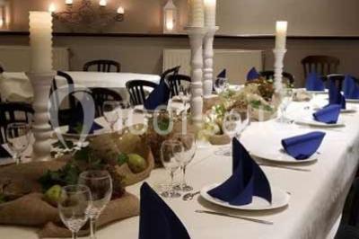 Jardin ensoleillé avec des palmiers au premier plan, pelouse verte et tables hautes recouvertes de nappes noires en arrière…