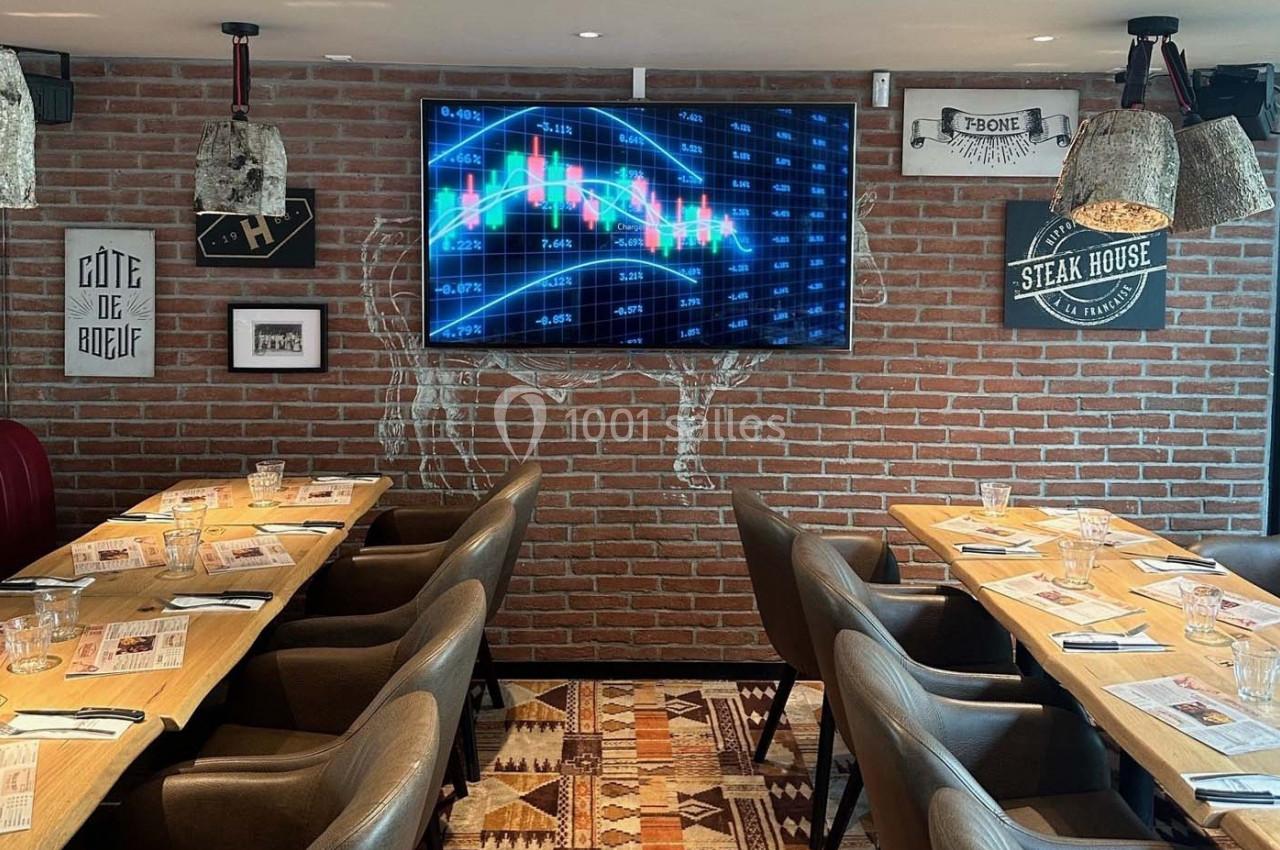 Salle de restaurant avec tables dressées, écran affichant un graphique financier et murs en briques décorés.