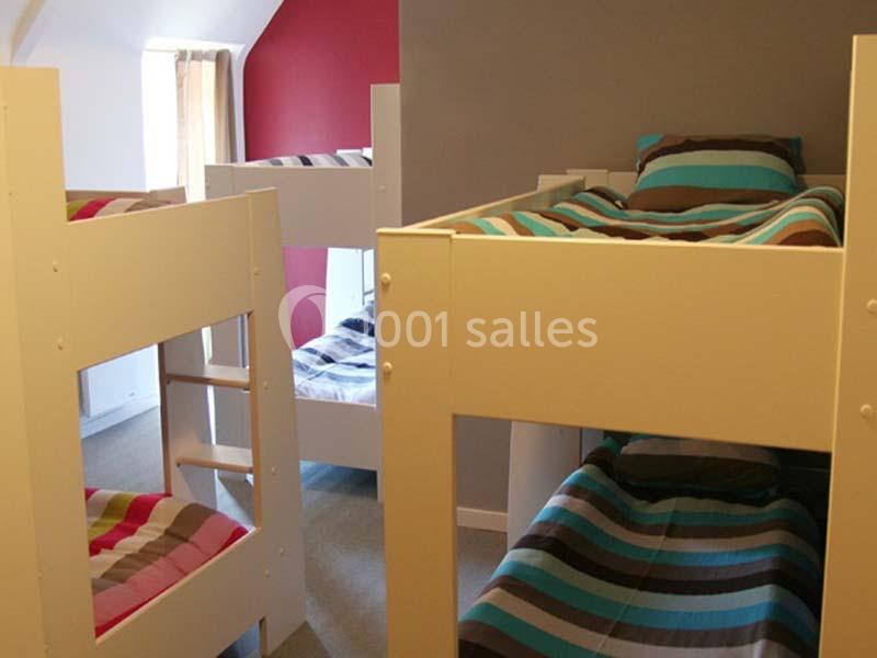 Chambre avec plusieurs lits superposés équipés de draps rayés colorés, éclairée par une fenêtre.