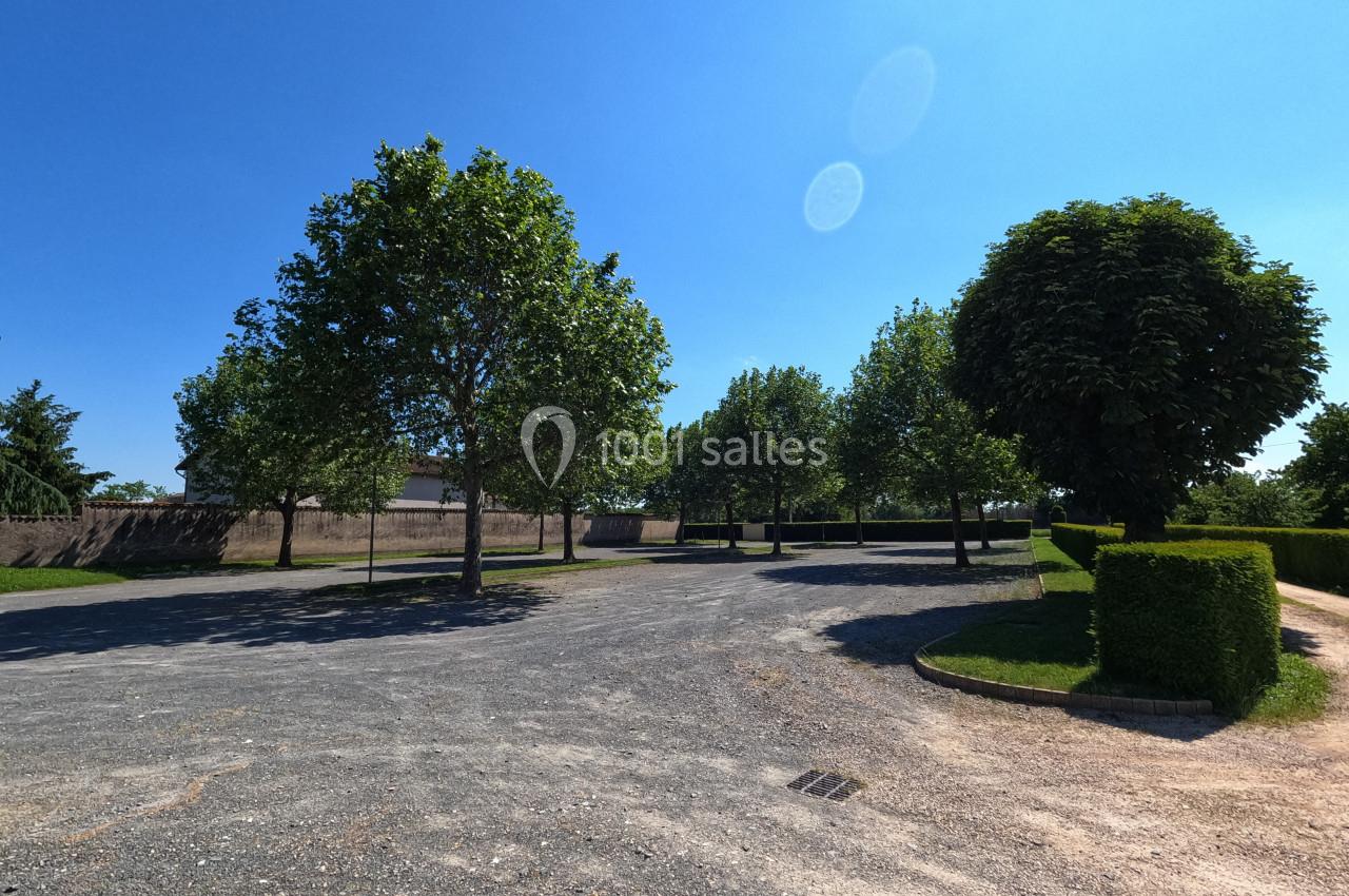 Allée bordée d'arbres et d'arbustes, avec un sol en gravier sous un ciel bleu dégagé.
