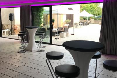 Allée bordée d'arbres et d'arbustes, avec un sol en gravier sous un ciel bleu dégagé.