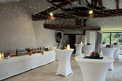 Allée bordée d'arbres et d'arbustes, avec un sol en gravier sous un ciel bleu dégagé.