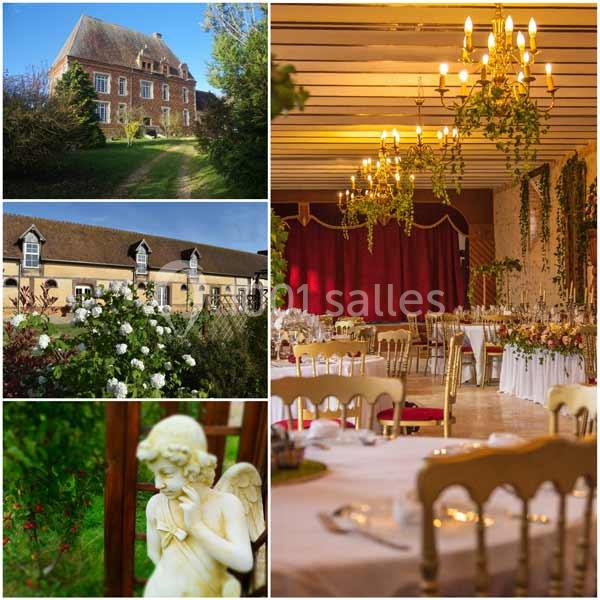 Montage montrant un manoir, un jardin fleuri, une salle de réception décorée et une statue d'ange dans un cadre verdoyant.