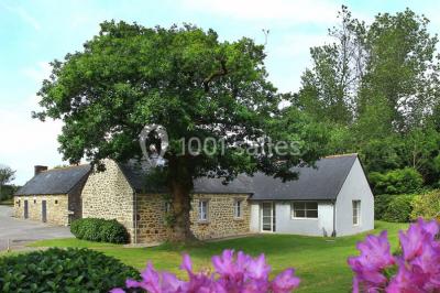 Chambre lumineuse avec un lit double couvert d'une housse à motifs noirs et blancs, près d'une fenêtre avec rideaux clairs.