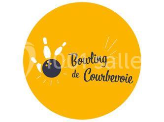 Logo circulaire jaune avec une boule de bowling noire frappant trois quilles blanches, accompagné du texte ’Bowling de…