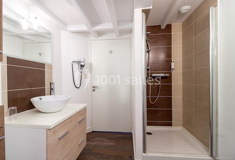 Salle de bain moderne avec douche à l'italienne, lavabo sur meuble en bois clair et miroir mural.