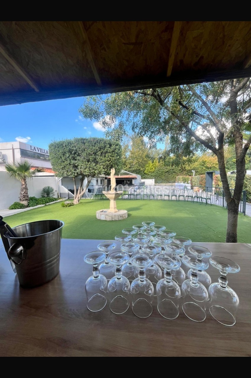 Verres à pied alignés sur une table en bois, avec un seau à glace, donnant sur un jardin avec fontaine et arbres.