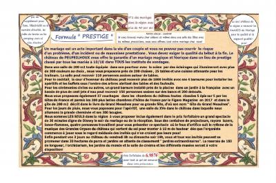 Miniature Prix forfaitaire d'un mariage au château Une affiche décrivant une offre de mariage ’Formule Prestige’ avec détails sur services inclus et prix, sur fond décoratif…