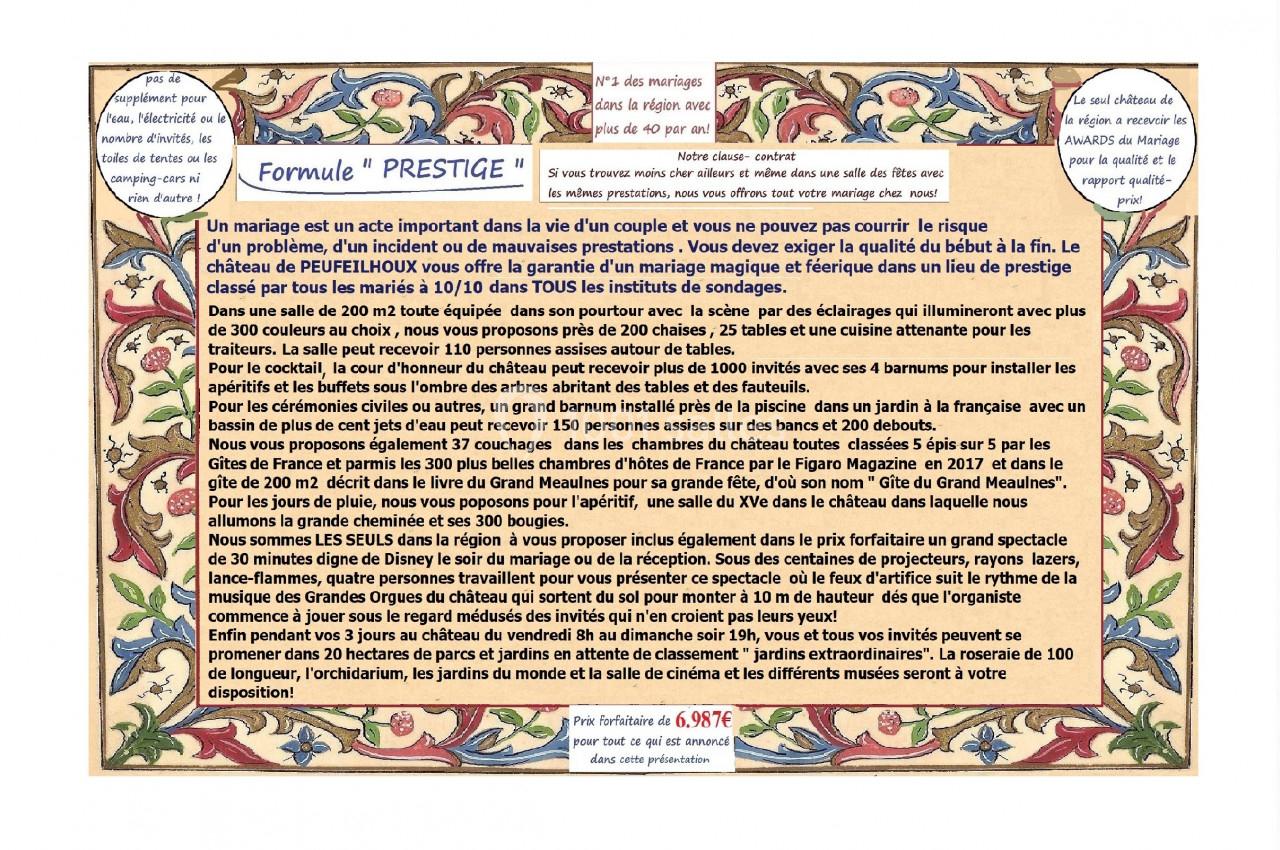 Prix forfaitaire d'un mariage au château Une affiche décrivant une offre de mariage ’Formule Prestige’ avec détails sur services inclus et prix, sur fond décoratif…