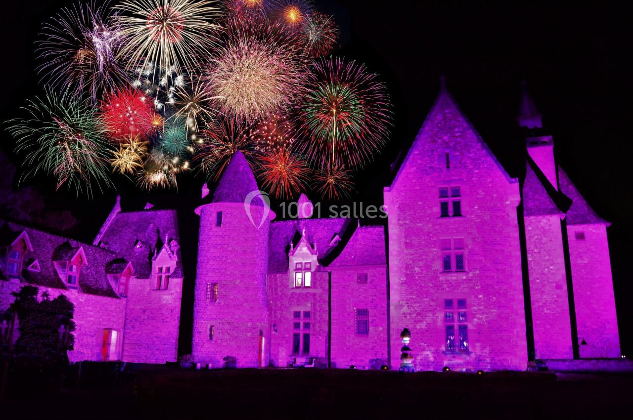 Spectacle nocturne offert gratuitement dans le forfait Château illuminé en violet avec un feu d'artifice multicolore éclatant dans le ciel nocturne.