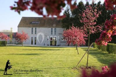 Jardin verdoyant avec pelouse bien entretenue, arbres et arbustes sous un ciel bleu dégagé.