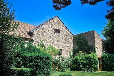Jardin verdoyant avec pelouse bien entretenue, arbres et arbustes sous un ciel bleu dégagé.