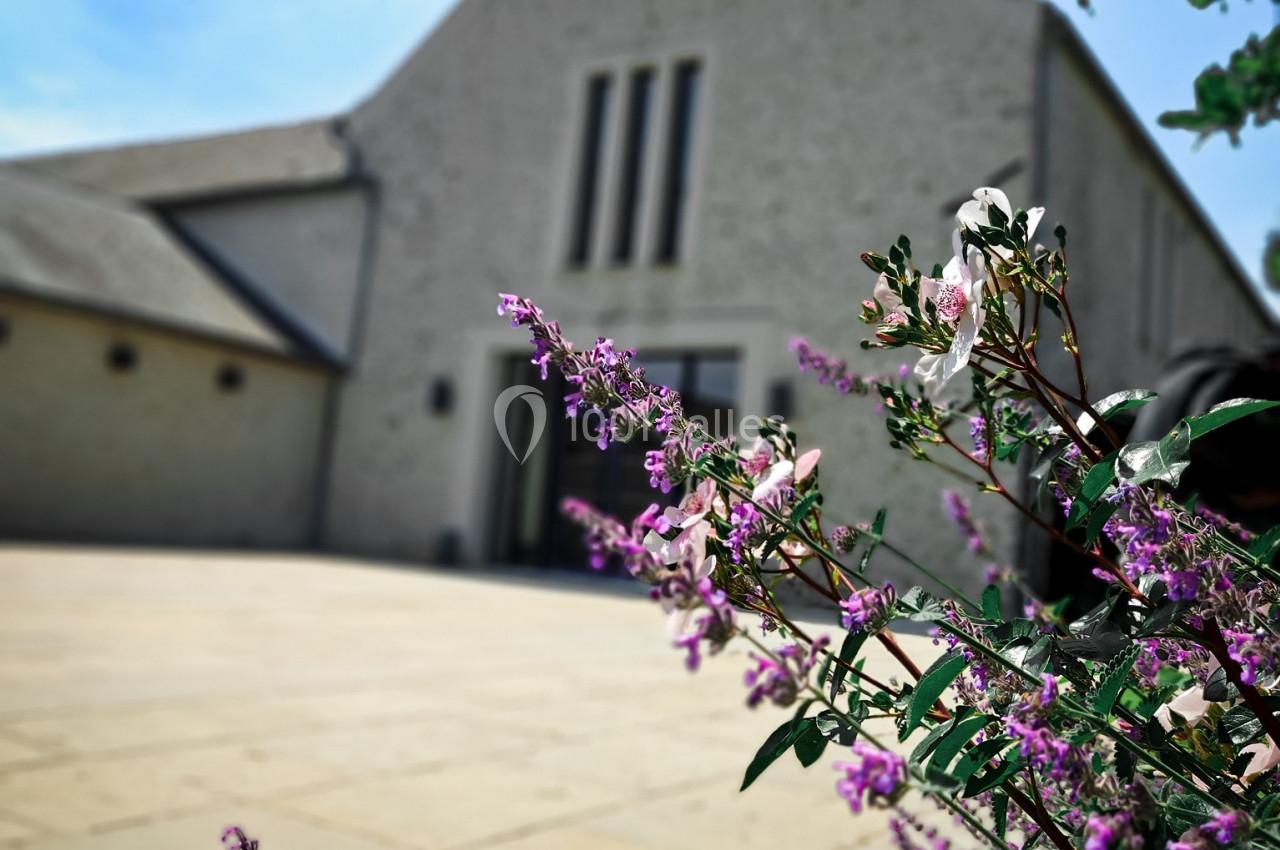 Façade d'un bâtiment moderne en pierre, entourée de fleurs violettes et blanches au premier plan.