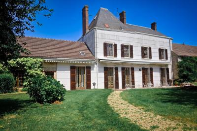 Jardin verdoyant avec pelouse bien entretenue, arbres et arbustes sous un ciel bleu dégagé.