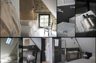 Paysages naturels avec lac entouré de forêts, sentiers boisés et ponton au bord de l'eau sous un ciel partiellement nuageux.