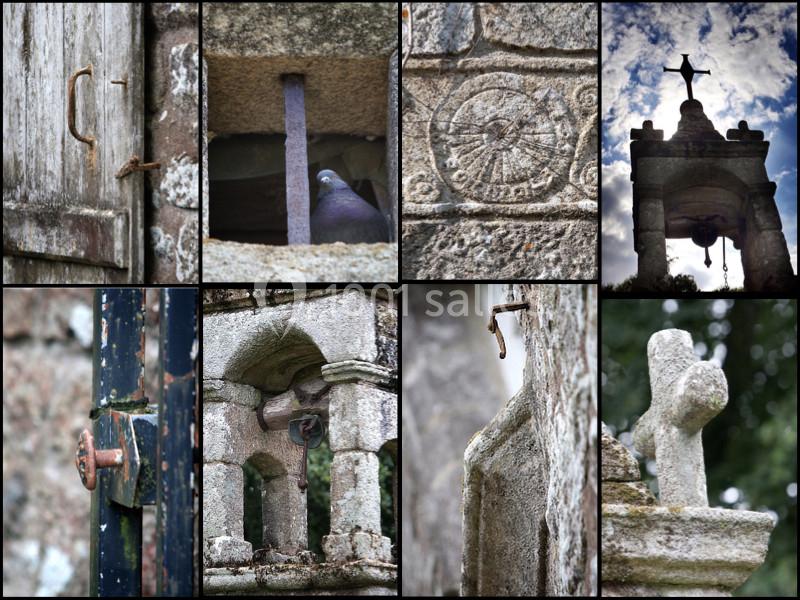 Montage de détails architecturaux anciens en pierre, incluant croix, sculptures, ferrures et un pigeon perché.