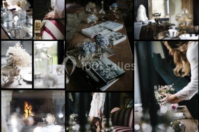 Paysages naturels avec lac entouré de forêts, sentiers boisés et ponton au bord de l'eau sous un ciel partiellement nuageux.