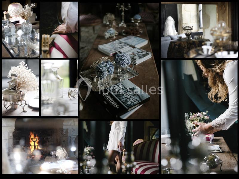 Montage de photos montrant des détails de décoration intérieure élégante, avec fleurs, livres et objets raffinés.