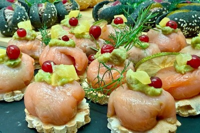 Vue aérienne d'un centre équestre entouré de végétation, avec la mer et des îles en arrière-plan.