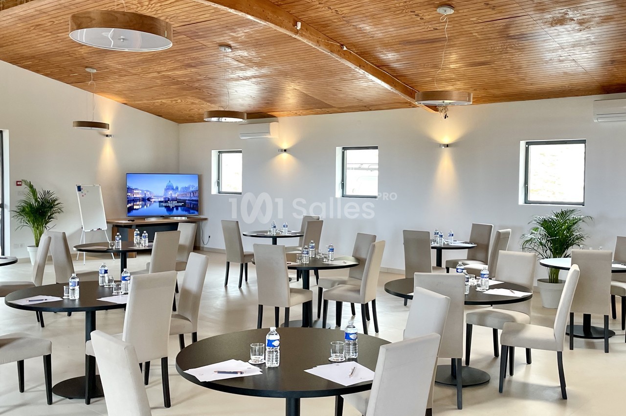 Salle lumineuse aménagée pour une réunion, avec des tables rondes, des chaises, un écran et des plantes décoratives.