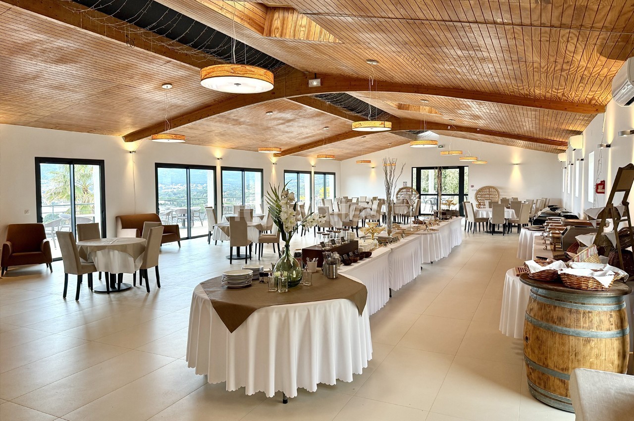 Salle lumineuse avec tables dressées, buffet central, plafond en bois et grandes baies vitrées donnant sur l'extérieur.