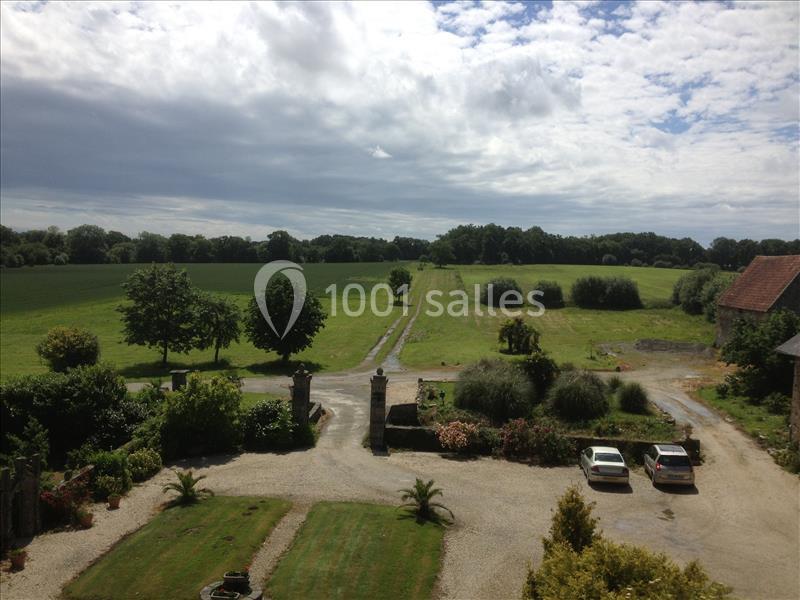 Vue d'une allée bordée de pelouses et d'arbres menant à un champ sous un ciel partiellement nuageux.