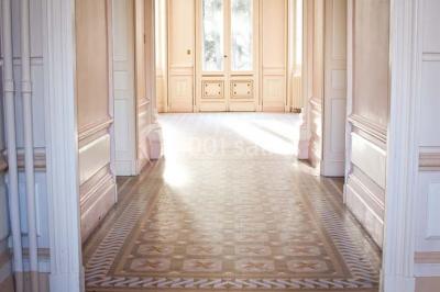 Grande maison en pierre blanche entourée d'arbres, avec une allée et un jardin ensoleillé à l'avant.