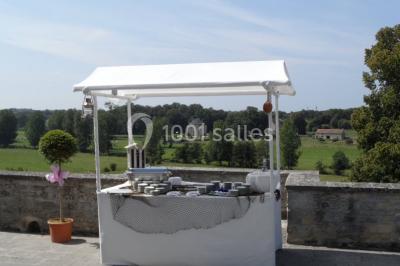 Château en pierre éclairé par des lampadaires au crépuscule, entouré d'arbres et d'une allée gravillonnée.