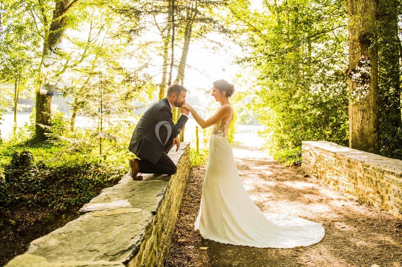 Un couple de mariés dans un parc ensoleillé, l'homme à genoux tenant la main de la femme en robe blanche.