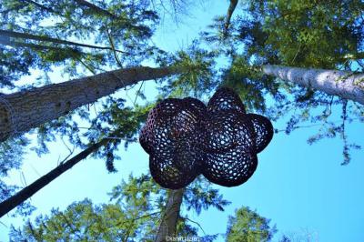 Salle de restaurant chaleureuse avec tables en bois, chaises en rotin, rideaux rouges et éclairage suspendu.