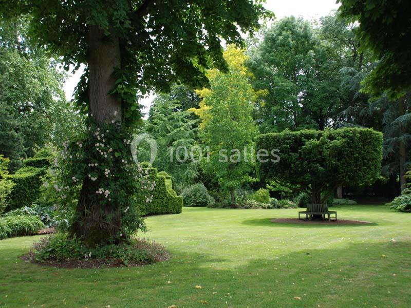 Un jardin verdoyant avec des arbres taillés, un banc sous un arbre et une pelouse bien entretenue.