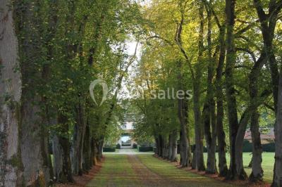 Miniature Location salle Triguères (Loiret) - Manoir du Grand Courtoiseau et ses Jardins Remarquables #19 Vaisselier rouge avec portes vitrées, contenant des verres, plats, bols et assiettes en céramique et en métal.