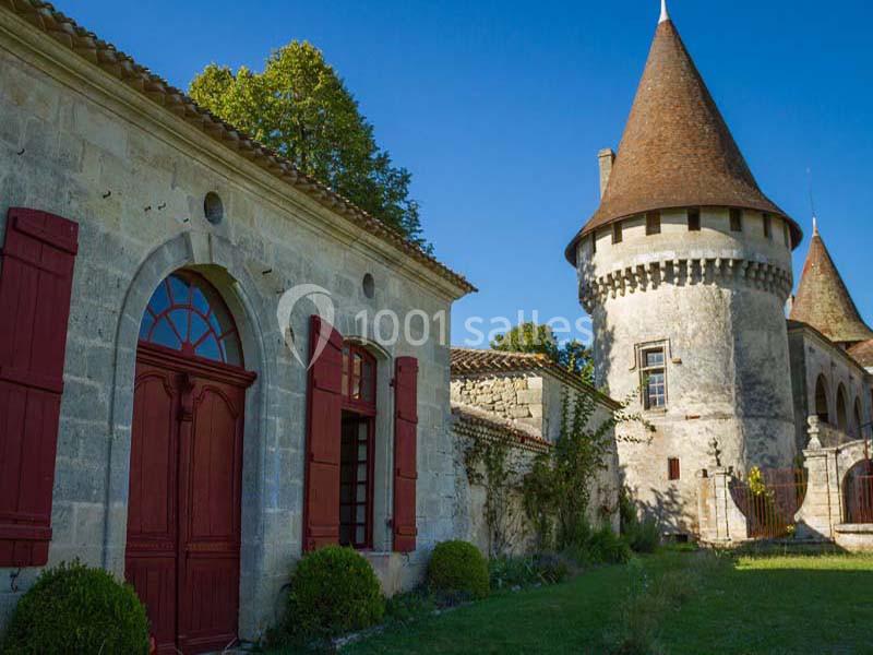 Façade en pierre d'un château avec tours rondes et toit conique, entouré de verdure sous un ciel bleu.