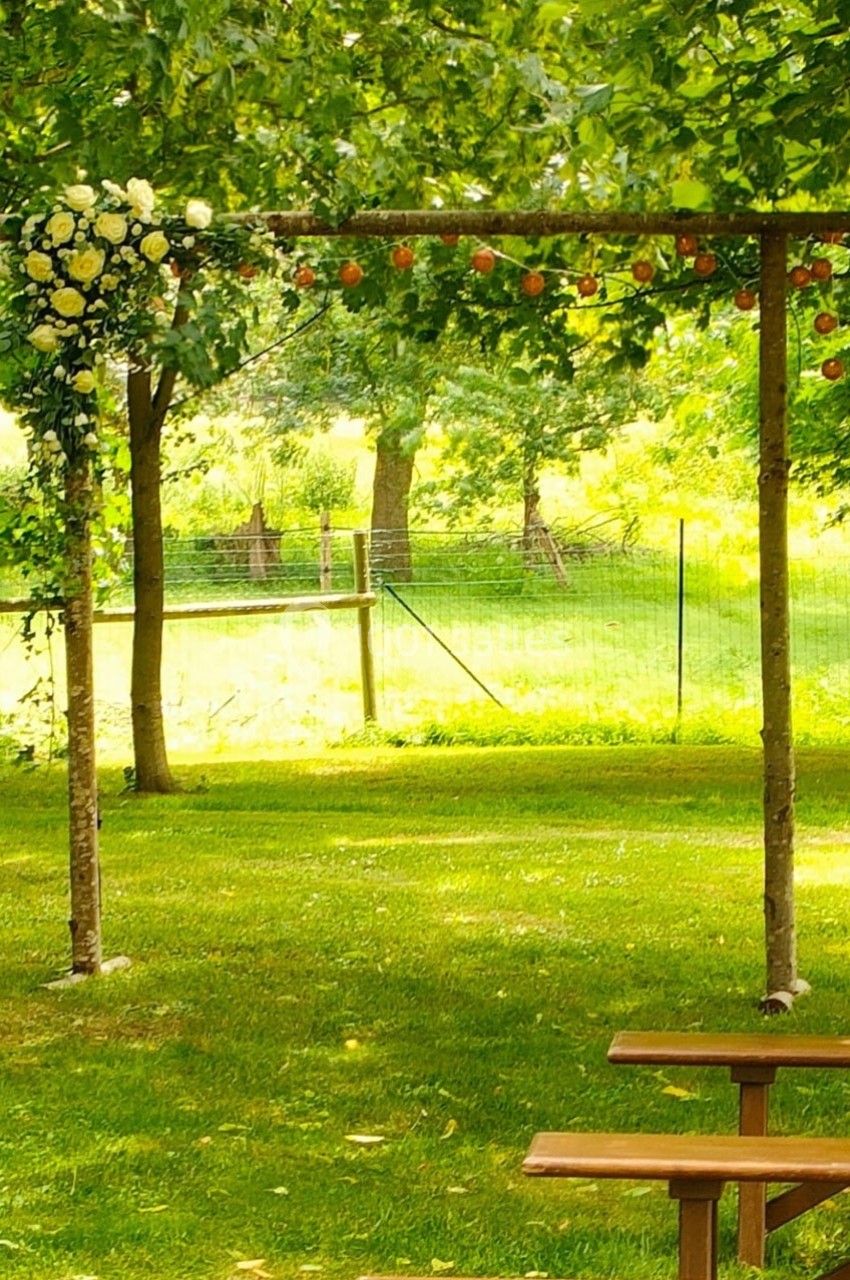 Structure en bois décorée de fleurs suspendues dans un jardin verdoyant, avec des bancs en bois au premier plan.