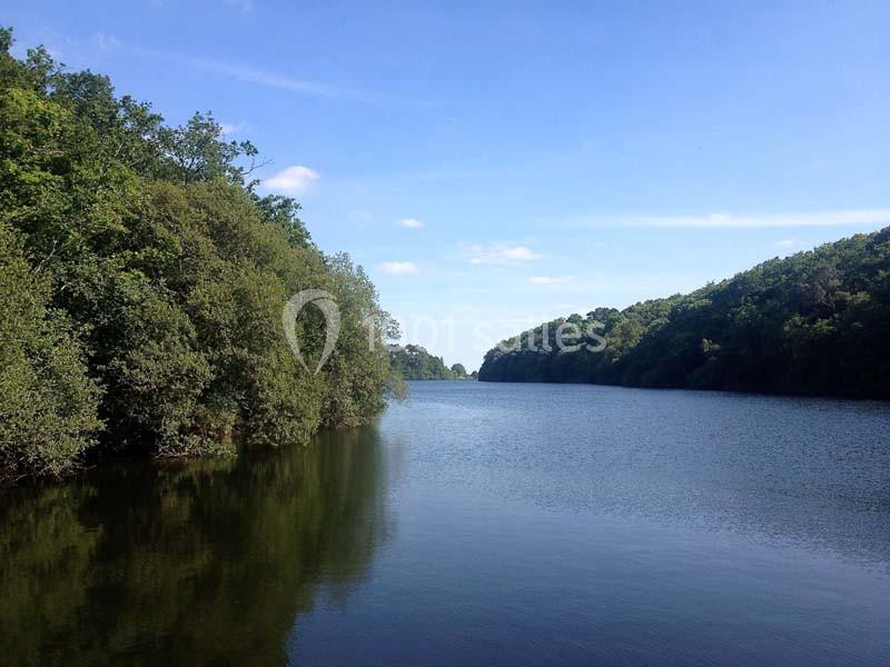 Vue d'une rivière bordée d'arbres sous un ciel bleu dégagé.