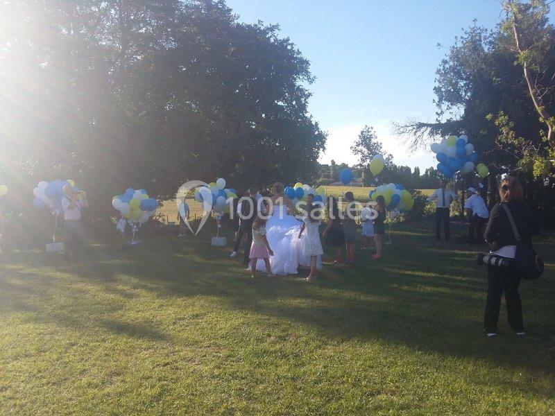 Groupe de personnes dans un parc ensoleillé, tenant des ballons colorés, entourés d'arbres et d'herbe.