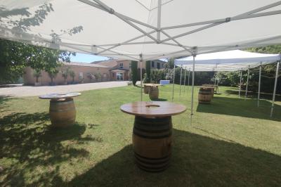 Mobilier en palettes décoré de tissu blanc et de fleurs roses, disposé dans un jardin ombragé.