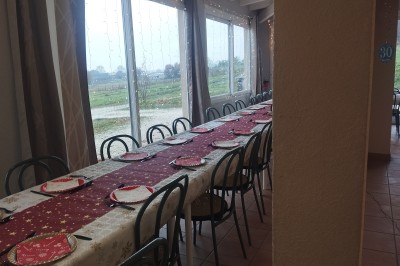 Salle décorée pour un événement, avec tables dressées, nappes noires, centres de table à plumes blanches et ballons dorés.