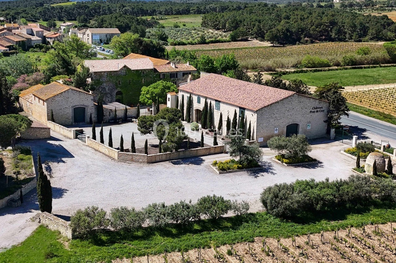 Vue aérienne d'un domaine viticole avec bâtiments en pierre, allée bordée de cyprès et vignes environnantes.