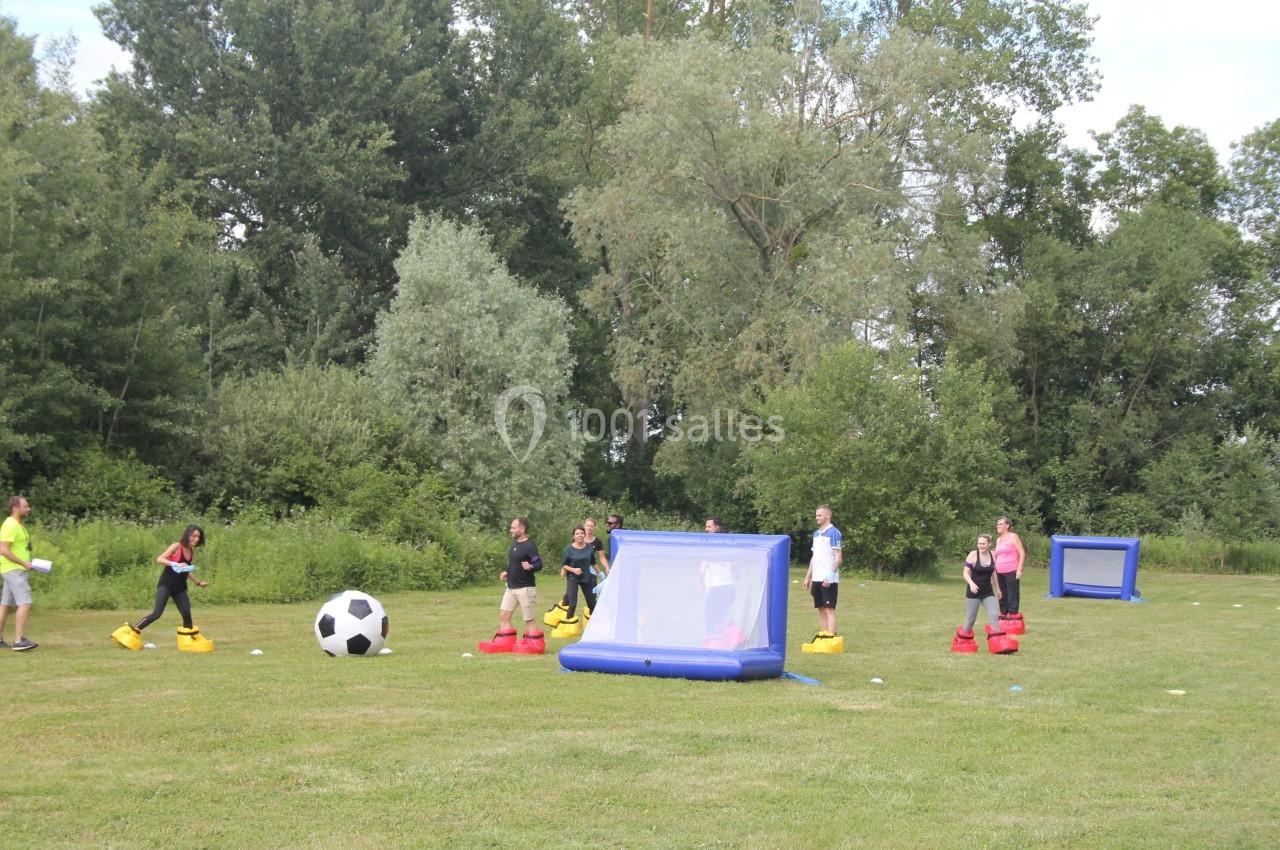 Des personnes participent à un jeu en plein air avec un ballon géant et des buts gonflables sur une pelouse entourée d…