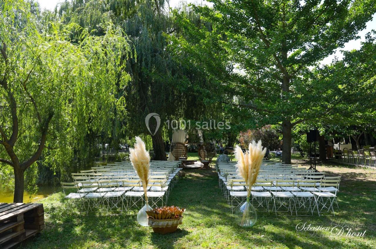 Chaises blanches alignées en extérieur sous des arbres, décorées avec des bouquets de pampas, pour un événement.