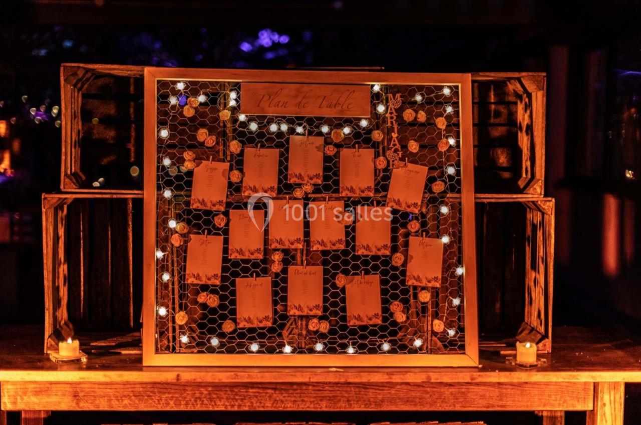 Plan de table éclairé par des guirlandes lumineuses, affiché sur un panneau grillagé avec des cartes suspendues.