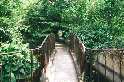 Salle de réception avec tables rondes dressées, nappes blanches, chaises en bois et décoration florale.