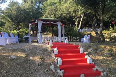 Un couple en tenue de mariage coupe une pièce montée décorée, devant un mur en pierre.