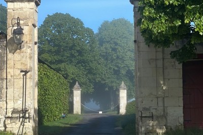 Miniature Location salle Marçay (Indre-et-Loire) - Château de Marcay #32 Chambre avec poutres apparentes, lit double, canapé beige, table basse en verre et murs décorés de papier peint.