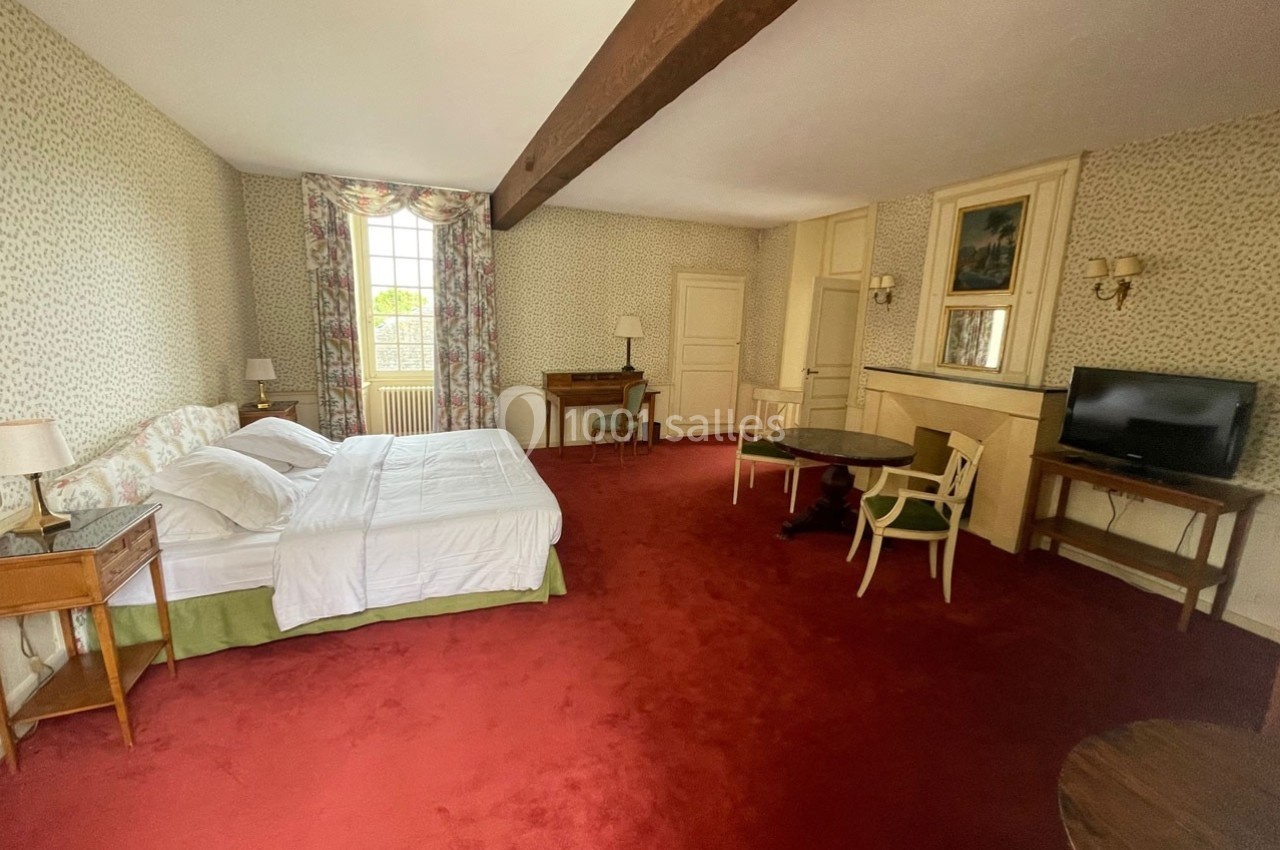 Chambre spacieuse avec lit double, moquette rouge, mobilier classique, télévision et grande fenêtre avec rideaux fleuris.